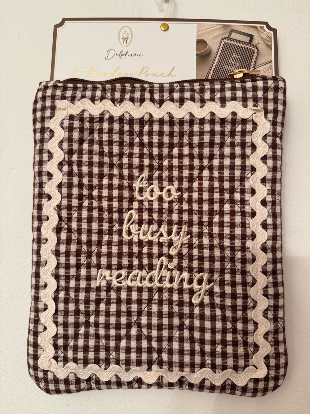 Brown Gingham 'Too Busy Reading' Quilted E-Reader Pouch